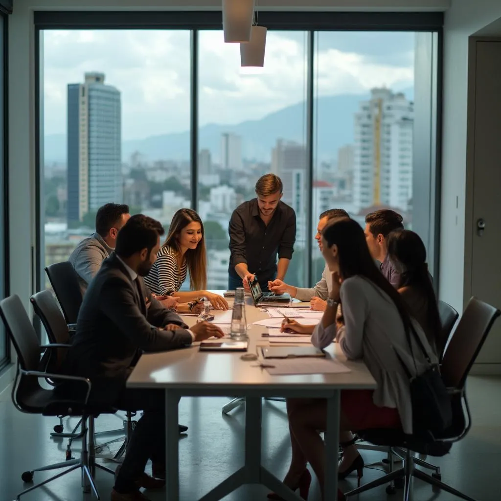 Consultores financieros trabajando en equipo en oficina colombiana