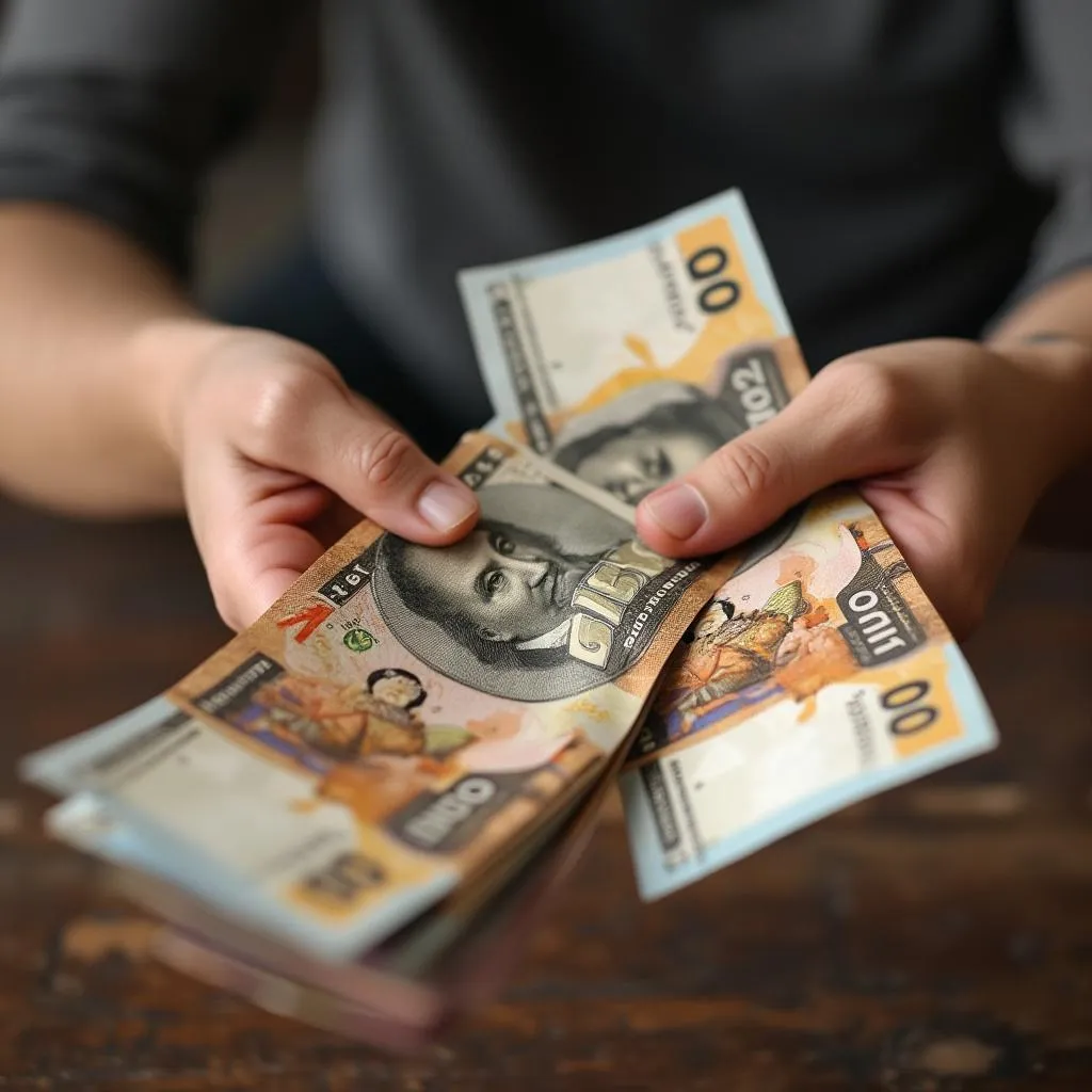 Detalle de manos intercambiando pesos colombianos