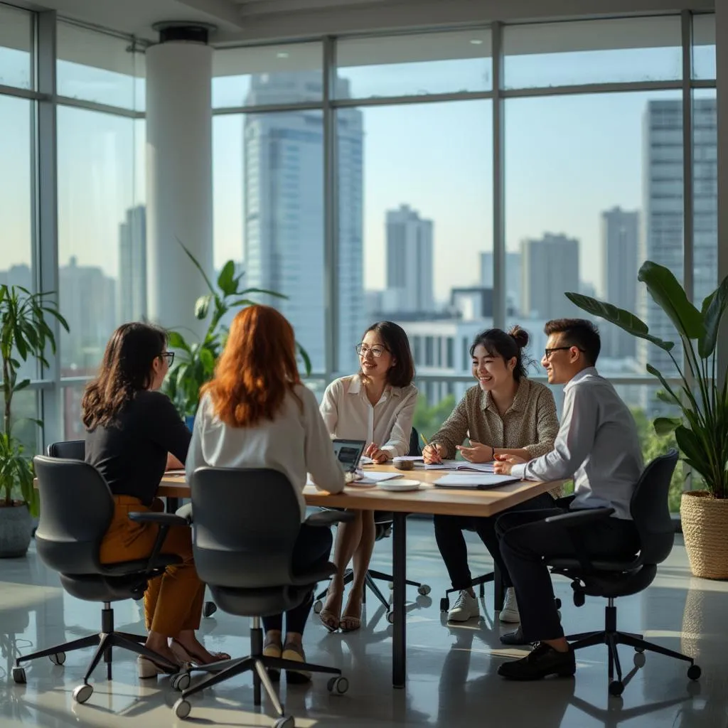 Equipo de FinancieraColombia discutiendo estrategias en una oficina moderna con vista a Bogotá